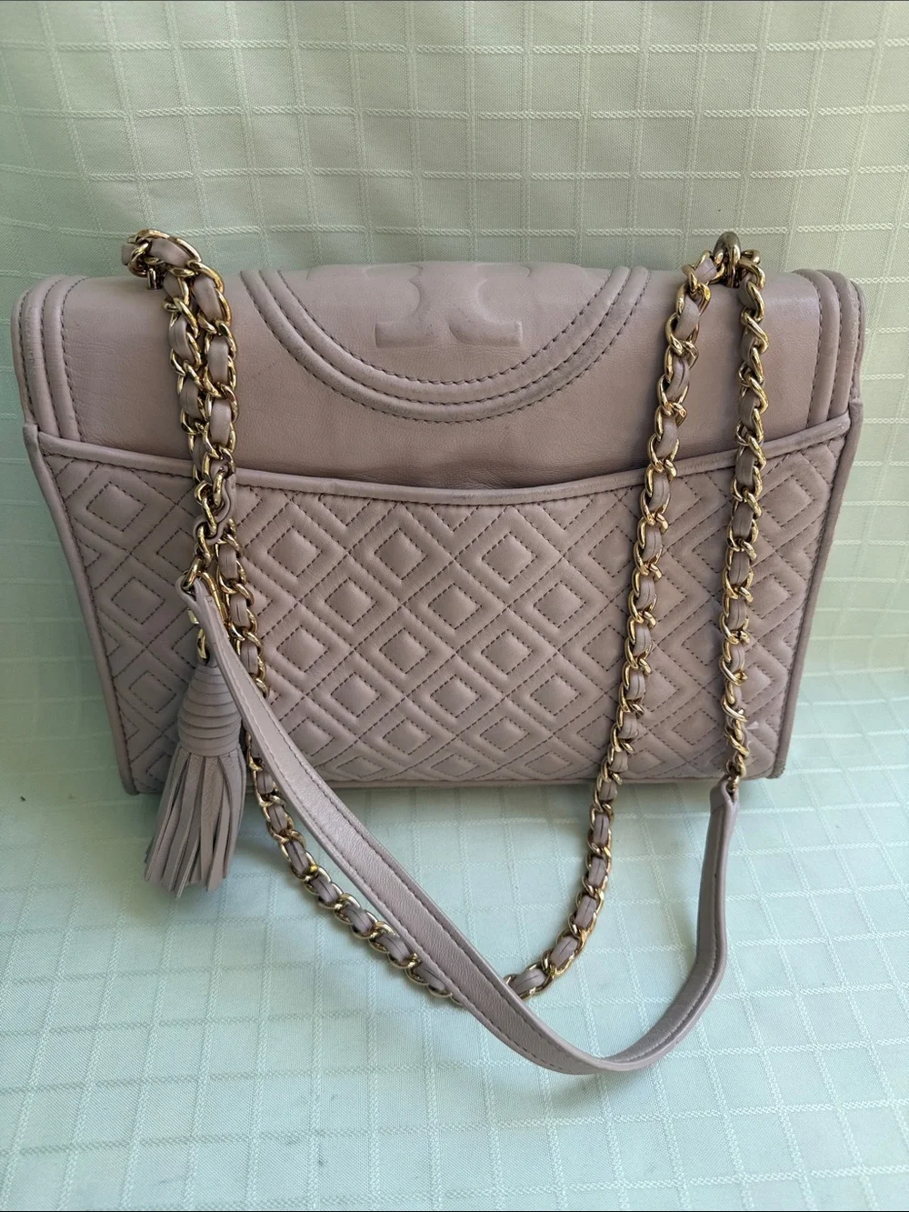 Tory Burch Taupe Leather Fleming Convertible Bag with Tassel and Gold Hardware